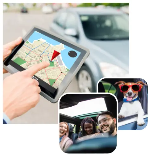 GPS em tablet, pessoas passeando e férias